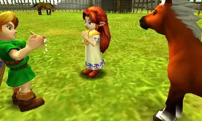Young Link playing his ocarina for Malon in the Lon Lon Ranch corral while the foal Epona stands beside them