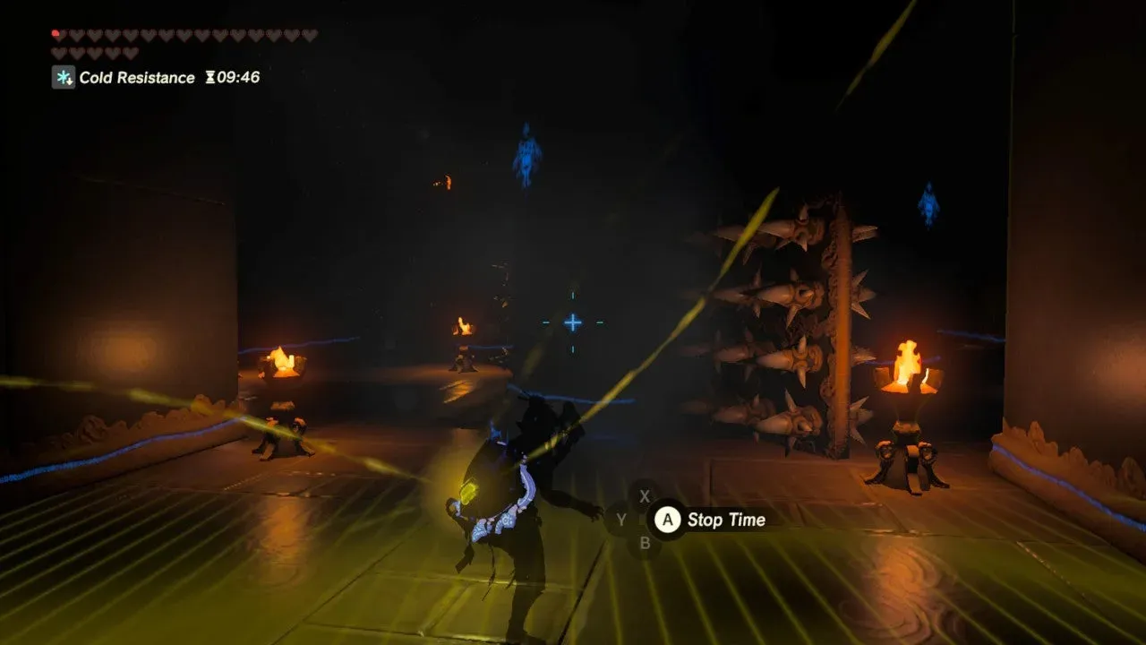 Fixed flames illuminating rotating spike walls