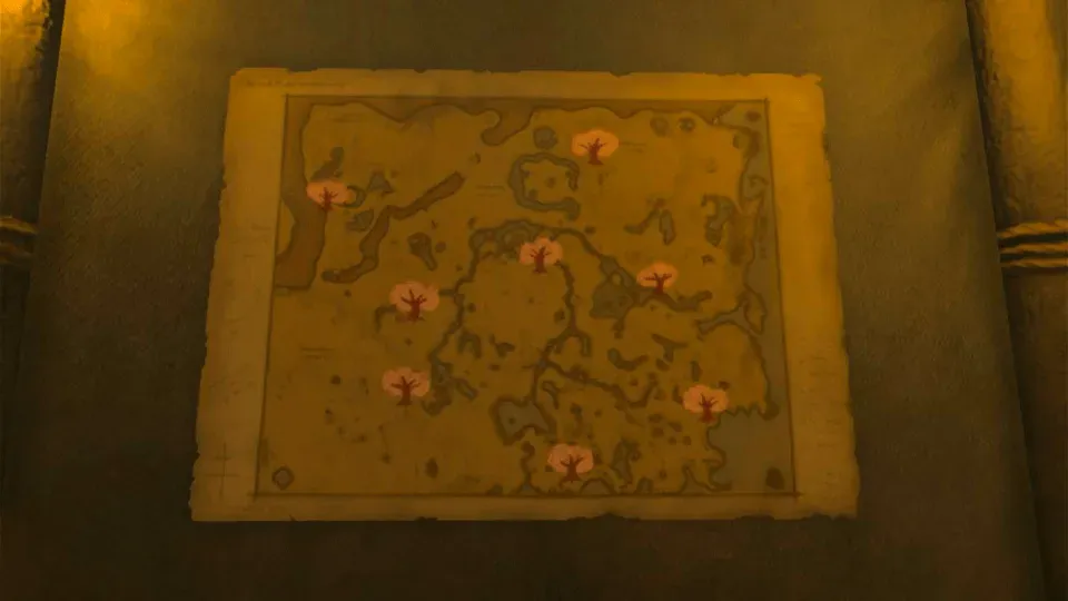 An old map pinned to the stable wall with 8 pink tree marks drawn on it