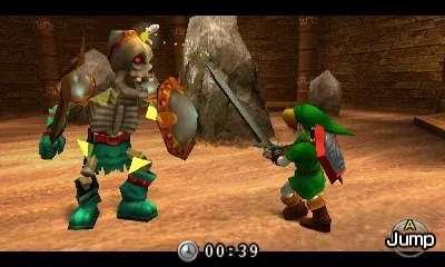 Link fighting a Stalfos with a countdown timer on screen, 3DS version