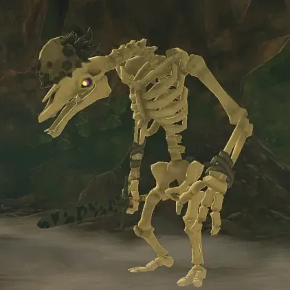 A Stalmoblin skeleton with a horned skull and glowing eye standing in a dark cave