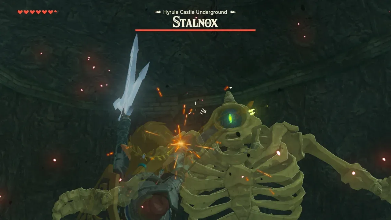 Link striking the Stalnox, with its name and health bar at the top of the screen
