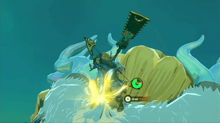 Link holding the Master Sword on the Light Dragon's head with a stamina wheel draining beside him