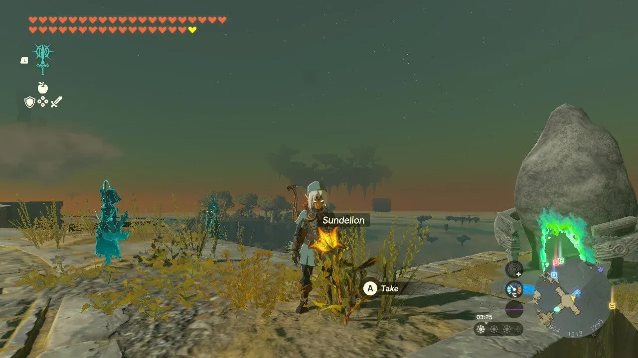 Link beside a yellow Sundelion on a sky island, with a shrine behind him