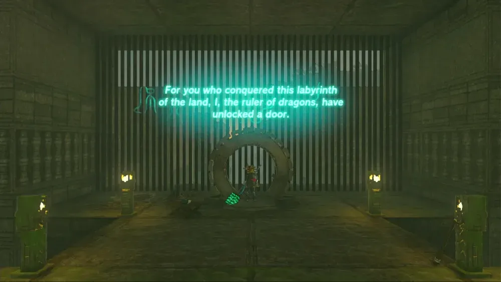 A ring-shaped terminal in a stone room with glowing green text: For you who conquered this labyrinth of the land, I, the ruler of dragons, have unlocked a door