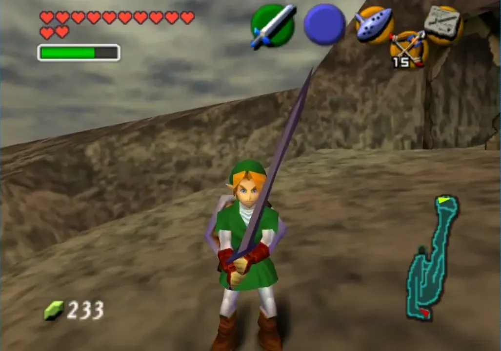 Adult Link standing on Death Mountain holding the long blade of Biggoron's Sword upright in both hands
