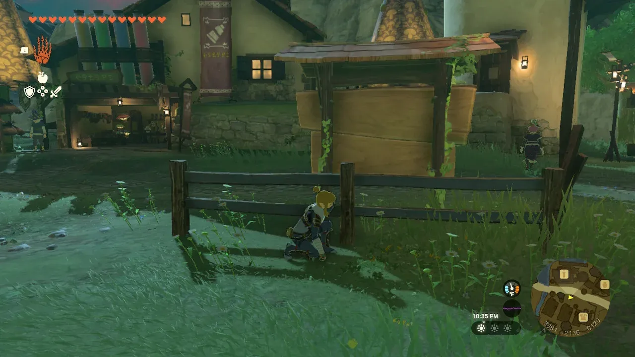 Link crouches behind a noticeboard at night while Cece walks along the street to the right
