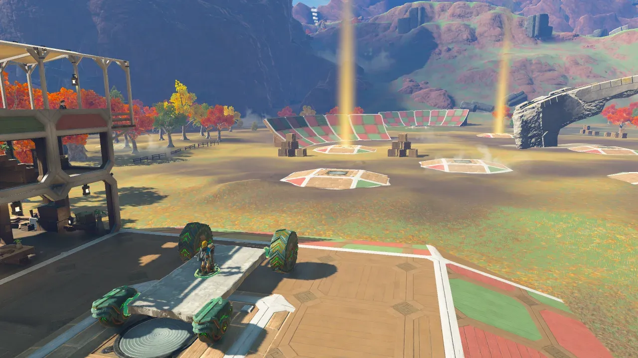 A four-wheeled vehicle built on a stone slab at the start of the Tarrey Town Race, with light pillars on the track