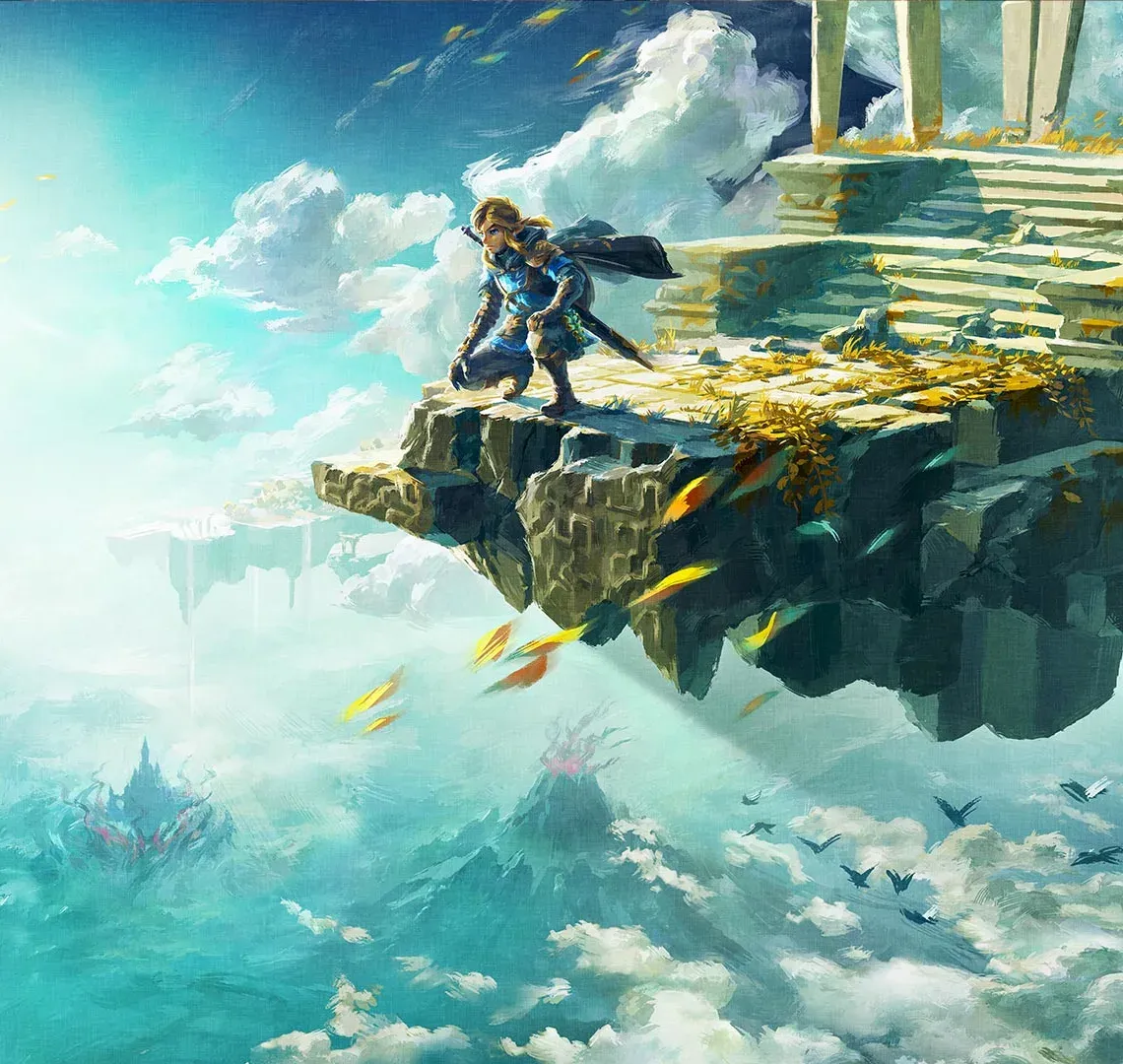 Link crouching on the edge of a floating sky island above the clouds, Tears of the Kingdom key art