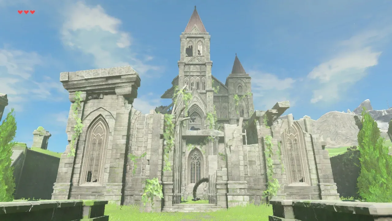 The ruined Temple of Time on the Great Plateau, its tall spire overgrown with ivy