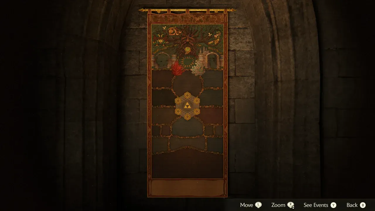 A tall woven tapestry hanging in a stone archway, its top section filled with the Great Deku Tree, with menu prompts for Move, Zoom, See Events and Back