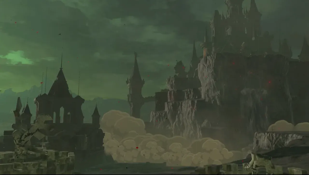 Hyrule Castle in Tears of the Kingdom under a dark sky, the whole castle and the rock beneath it lifted into the air above clouds of dust