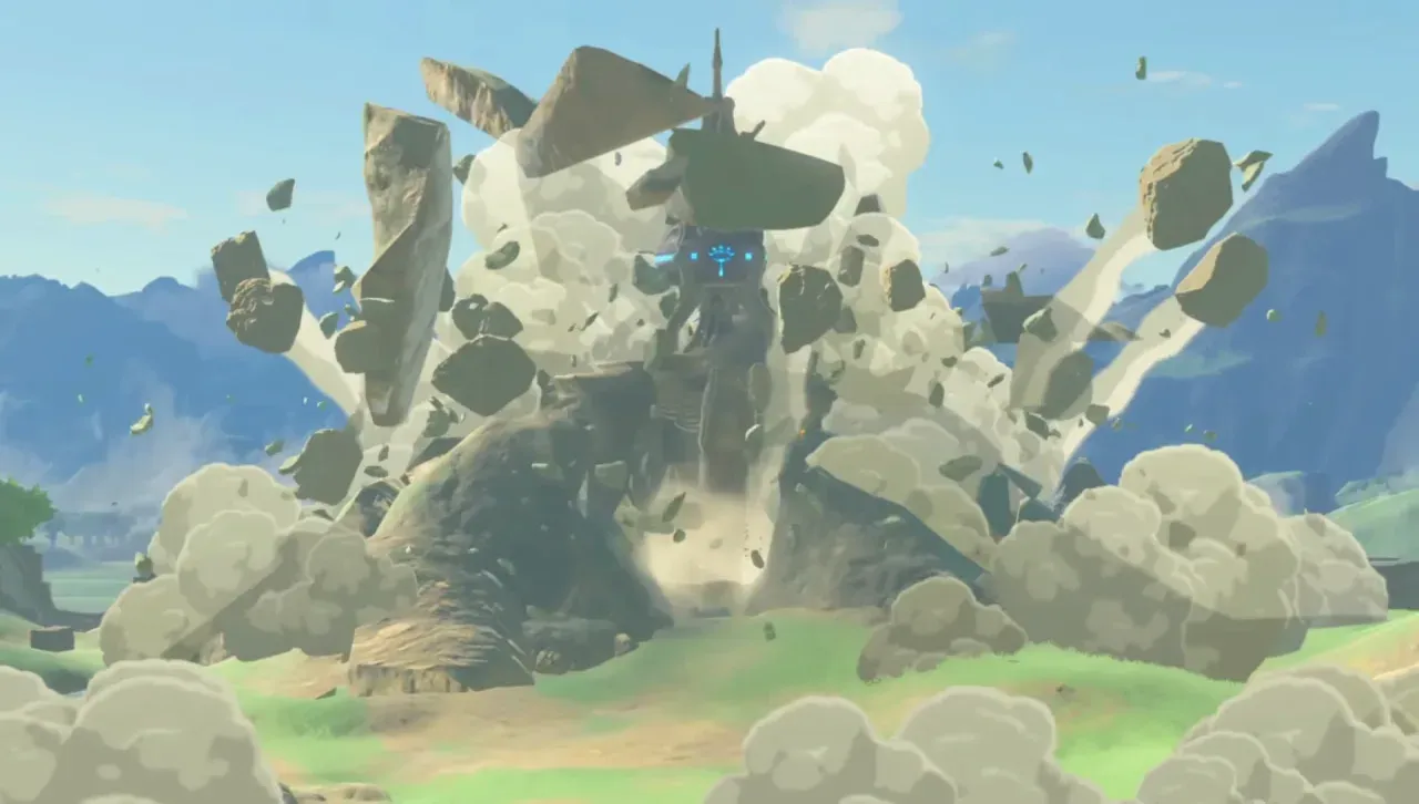 A Sheikah Tower bursting out of the ground in a cloud of rocks