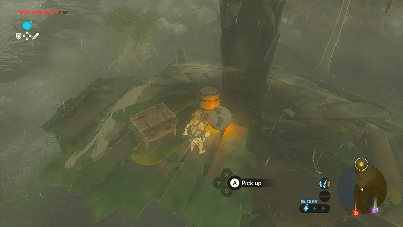 In the rain, Link stands on a treehouse platform next to an orb and a wooden crate