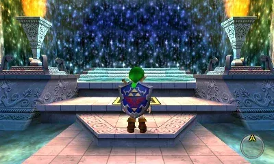 Young Link with the Hylian Shield on his back, standing on the Triforce mark in front of the steps of a Great Fairy's Fountain