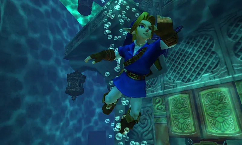 Link in the Zora Tunic sinking underwater in the Water Temple, 3DS version
