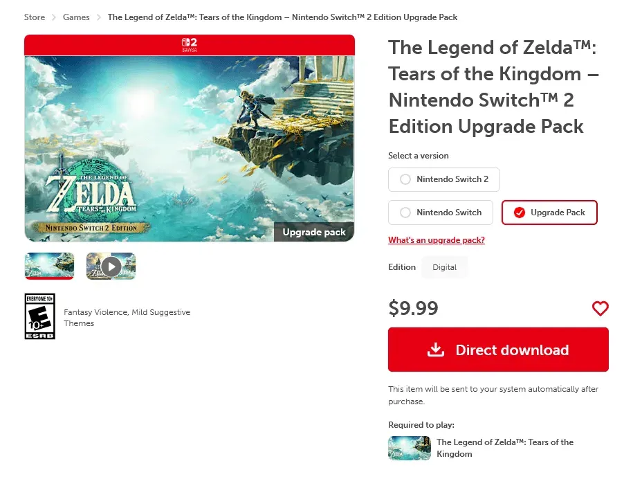 9.99ドルのSwitch 2 Editionアップグレードパスが掲載された米国の任天堂ストアページ