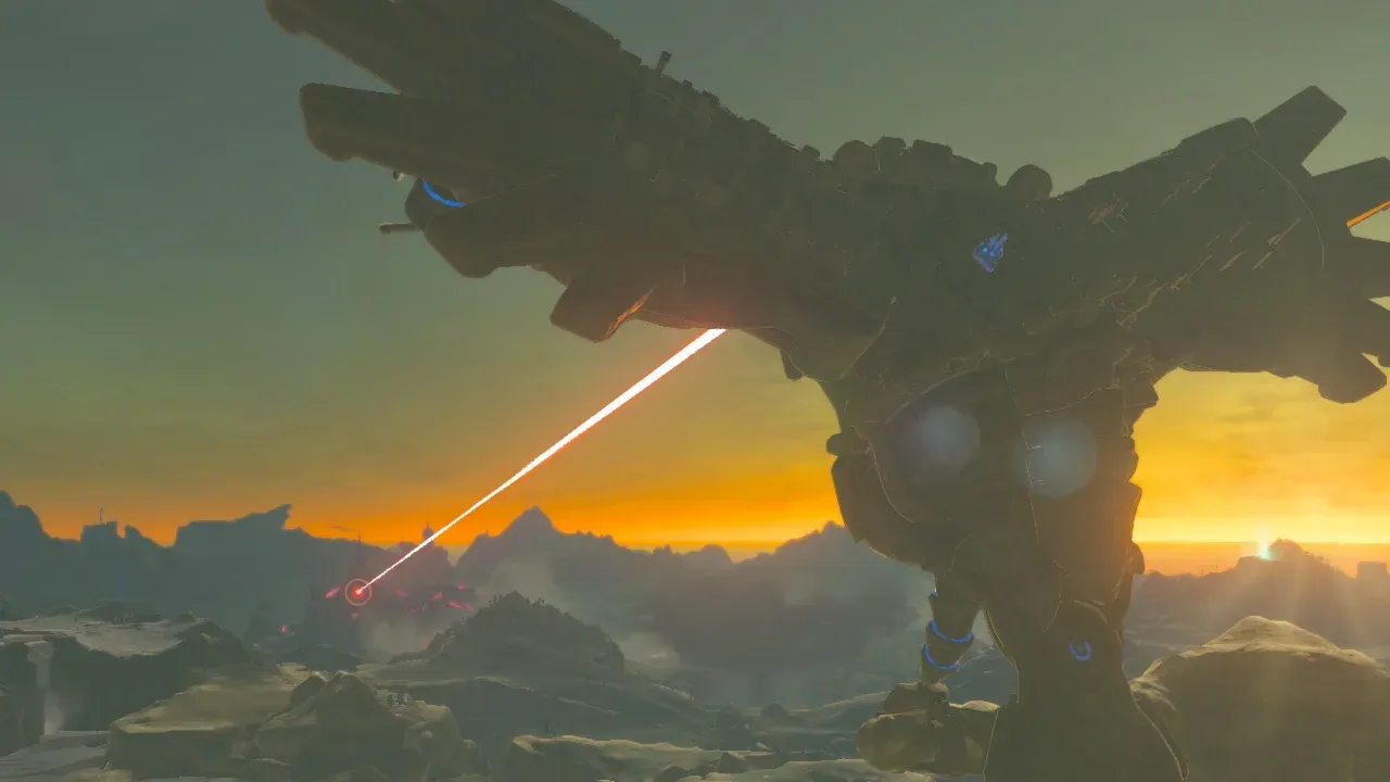 夕暮れ時に赤いビームを放つ神獣 ヴァ・メドー
