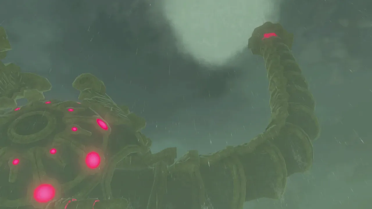 Divine Beast Vah Ruta in the rain, its huge trunk raised high