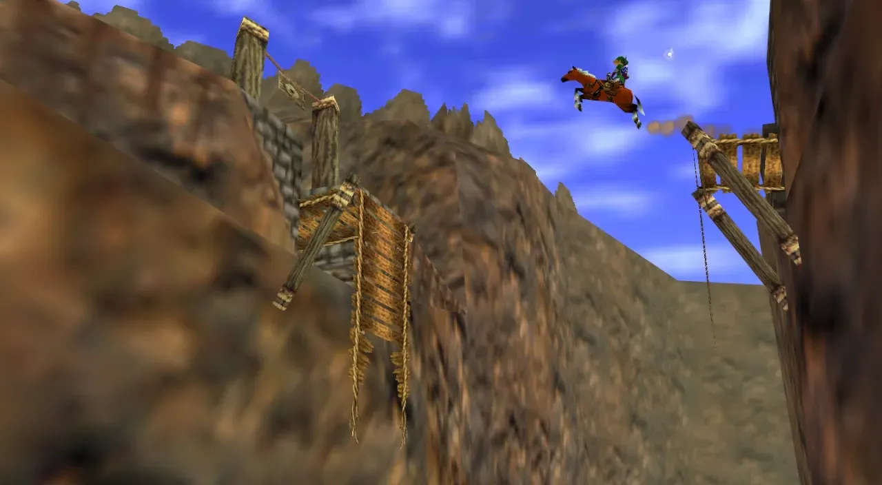 Epona carrying adult Link in mid-air over the broken rope bridge in Gerudo Valley