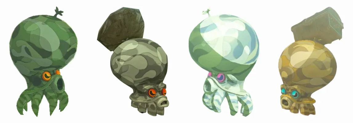 Models of four Octoroks side by side: a green camouflage Forest Octorok with a leaf sprout, a grey Rock Octorok carrying a boulder, a pale white-green Snow Octorok, and a sandy Treasure Octorok with a chest on its head