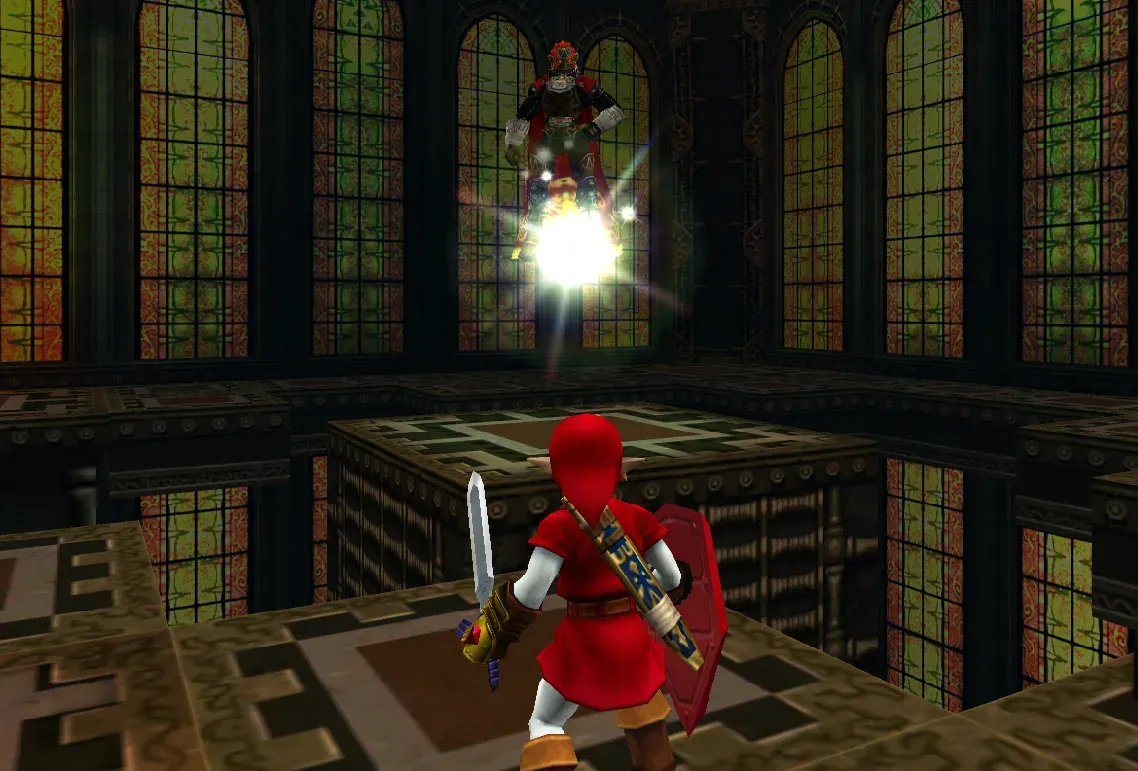 Adult Link in the Goron Tunic facing Ganondorf, who floats above the throne room floor as a ball of light flies between them