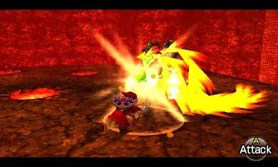 Link striking Volvagia's head with the Megaton Hammer, 3DS version