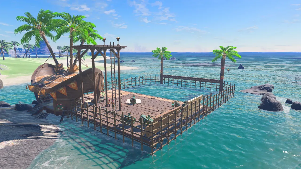 A wooden dock with a boat-shaped hut and floating parts at Lurelin Village