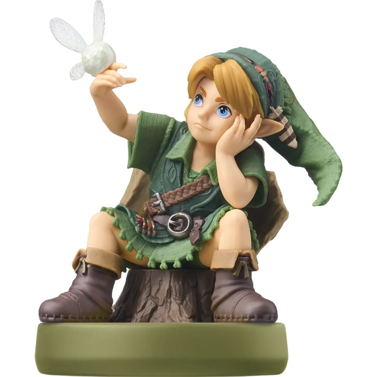 Young Link amiibo sitting on a tree stump with Navi beside his raised hand