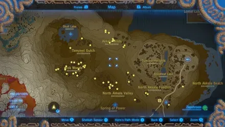 Map of North Akkala with Zapshroom spots starred
