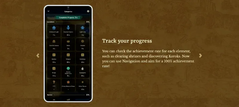 スマートフォンに表示されたZELDA NOTESのカテゴリー別達成率