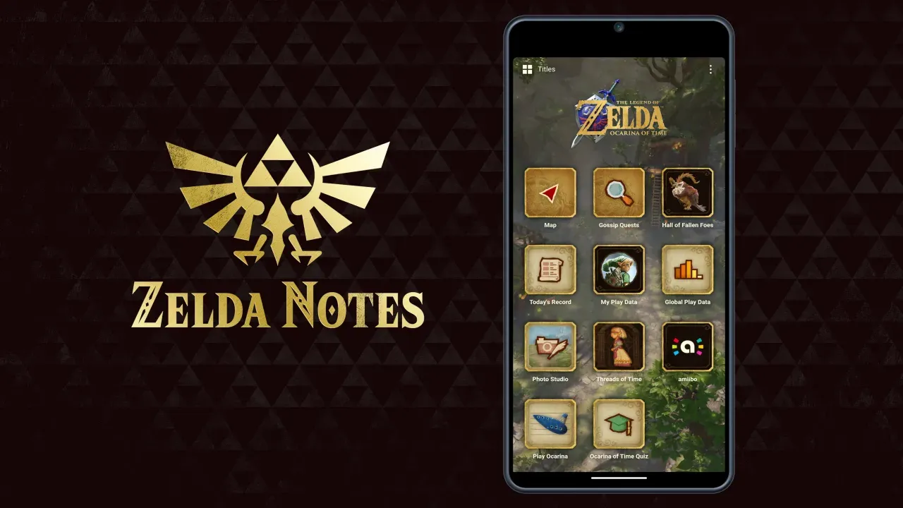 A phone showing the Zelda Notes menu for Ocarina of Time, next to the Zelda Notes logo