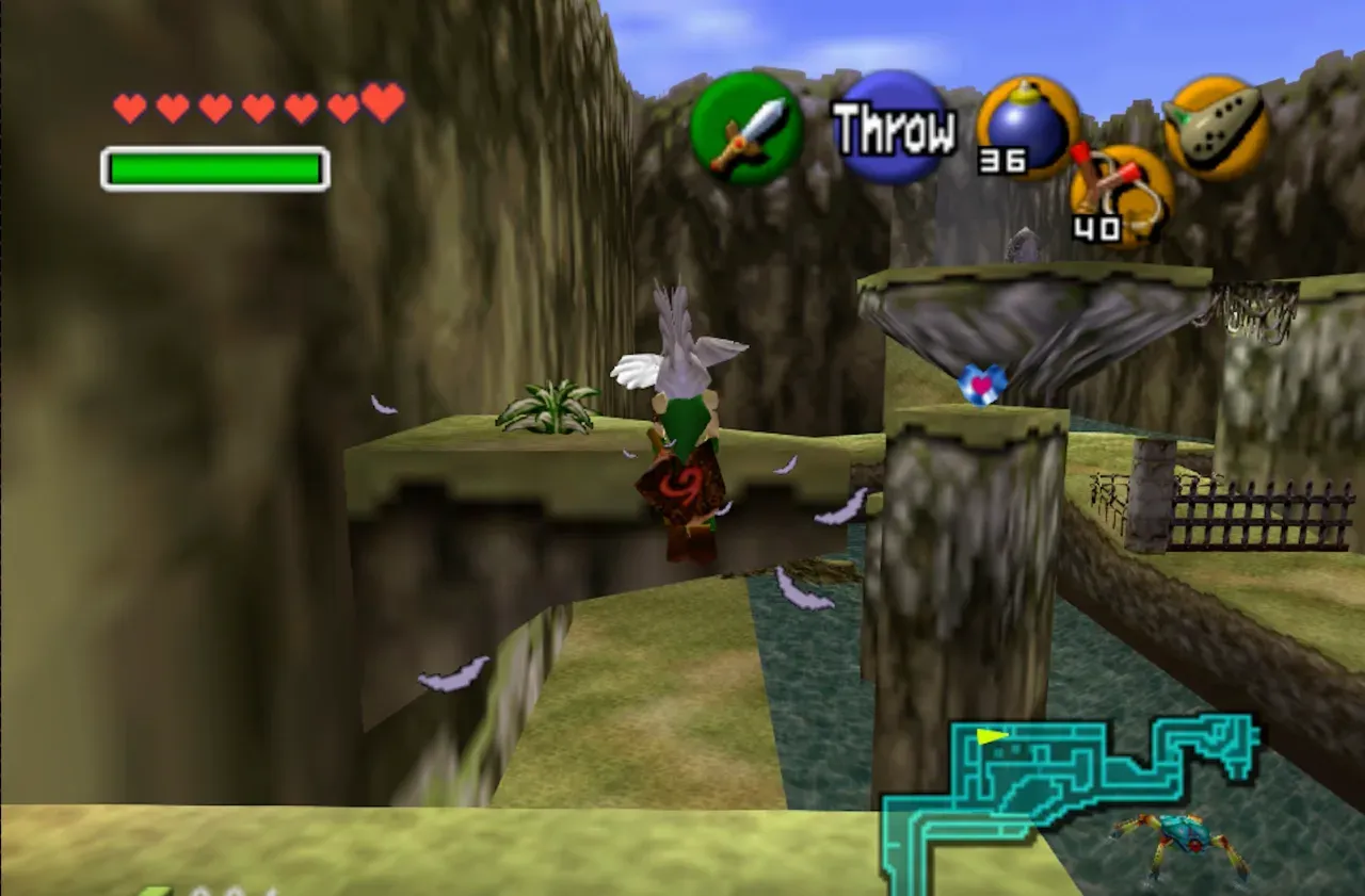 Child Link gliding with a Cucco toward a Piece of Heart on a pillar in Zora's River, N64 version